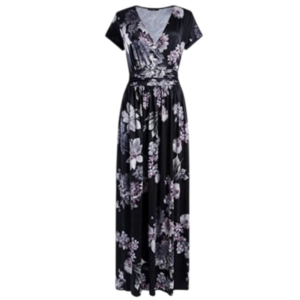 Black Ruched Wrap Maxi Dress with Flutter Sleeves